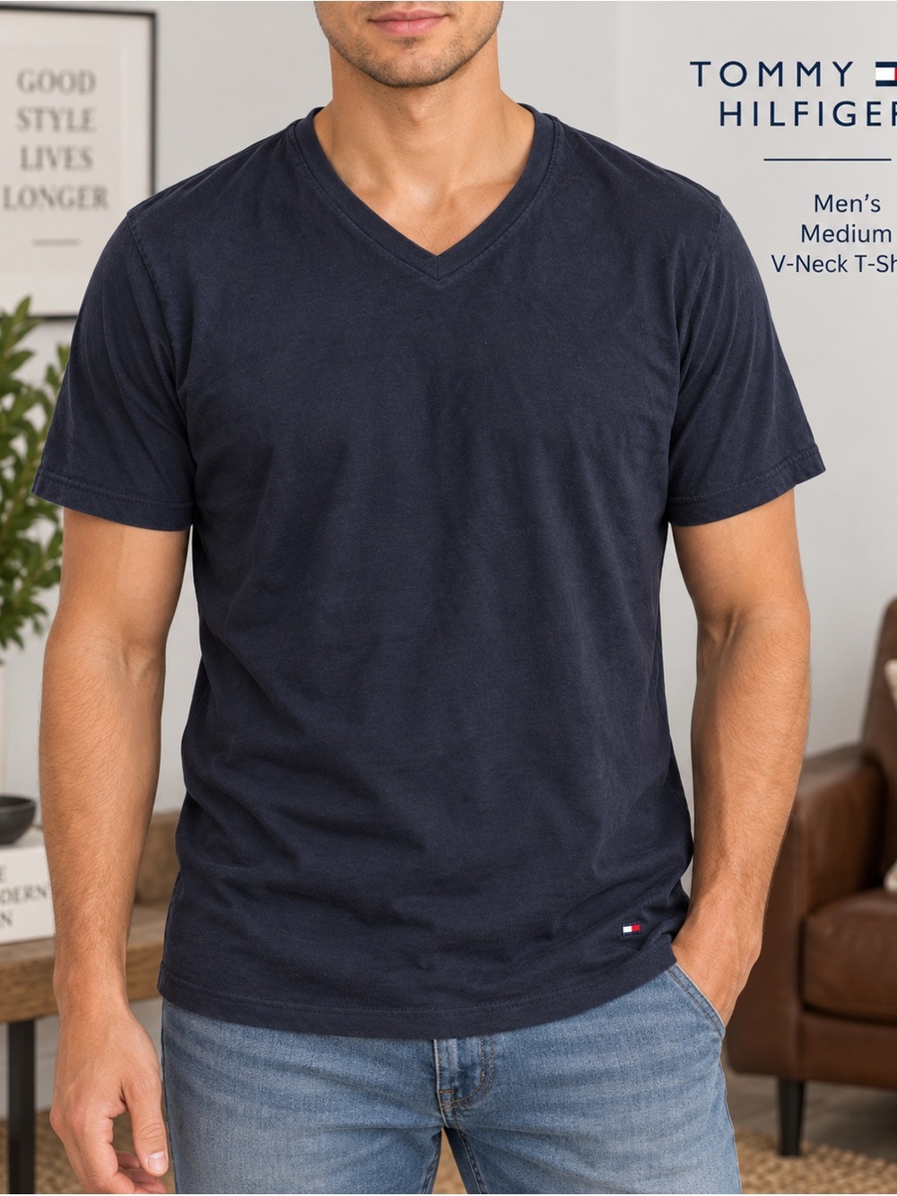 Tommy Hilfiger Men's Dark Navy V-Neck Short Sleeve Tee MEDIUM